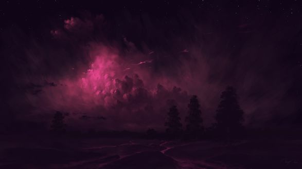 Обои на рабочий стол Пейзаж ночного облачного неба, digital art by BisBiswas