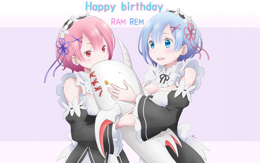 Обои на рабочий стол Rem / Рем и Ram / Рам из аниме Re:Zero kara Hajimeru Isekai Seikatsu / Re:Zero. Жизнь с нуля в альтернативном мире (Happy Birthday / С днем рождения)