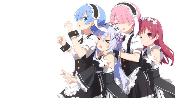 Обои на рабочий стол Rem / Рем, Emilia / Эмилия, Ram / Рам и девушка из аниме Re:Zero kara Hajimeru Isekai Seikatsu / Re:Zero. Жизнь с нуля в альтернативном мире