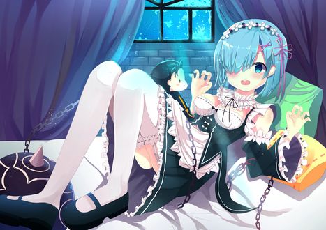 Обои на рабочий стол Rem / Рем и Subaru Natsuki / Субару Нацуки из аниме Re:Zero kara Hajimeru Isekai Seikatsu / Re:Zero. Жизнь с нуля в альтернативном мире