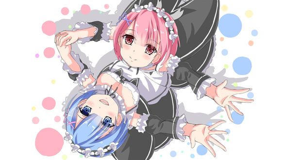 Обои на рабочий стол Rem / Рем и Ram / Рам из аниме Re:Zero kara Hajimeru Isekai Seikatsu / Re:Zero. Жизнь с нуля в альтернативном мире