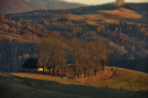 Обои на рабочий стол Сарай и вспаханная земля на холме, Румыния, фотограф Александр Перов