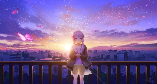 Обои на рабочий стол Vocaloid Yuzuki Yukari / Вокалоид Юзуки Юкари на фоне заката, art by Mocha (Cotton)