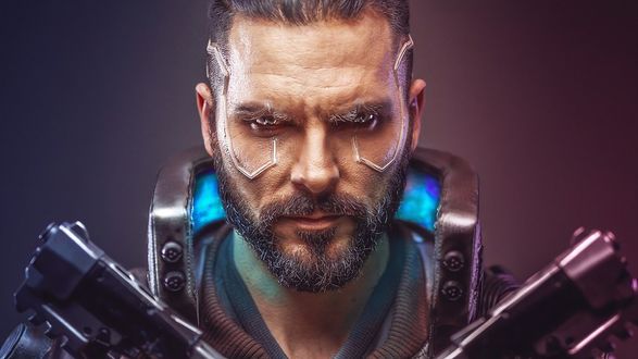 Обои на рабочий стол Мужчина-киберпанк из игры Cyberpunk 2077