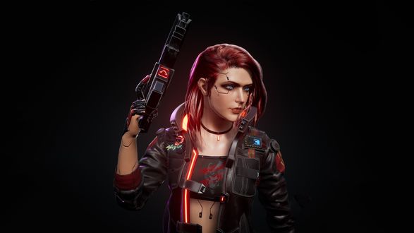 Обои на рабочий стол Рыжая девушка из игры Cyberpunk 2077