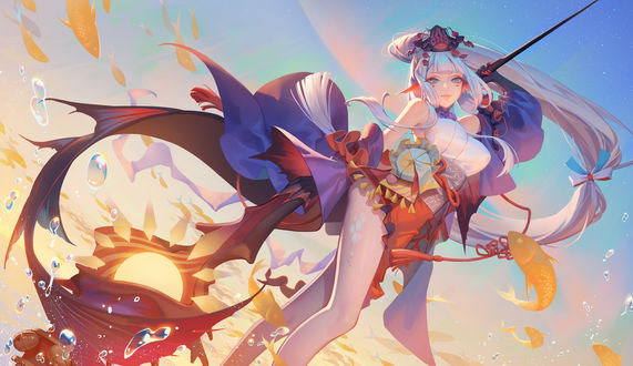 Обои на рабочий стол Senhime / Сенхимэ персонаж из мобильной ролевой игры Onmyouji, art by Karesuki
