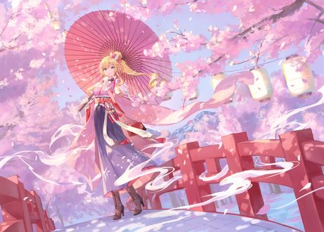 Обои на рабочий стол Kongou / Конго стоит на мосту держа зонт в руке, персонаж из мобильной браузерной игры Azur Lane, art by Criin (659503)