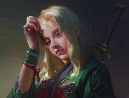 Обои на рабочий стол Белокурая девушка с катаной за спиной, by T S