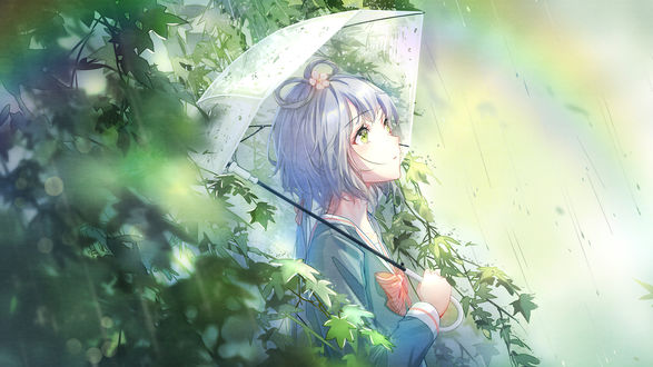 Обои на рабочий стол Vocaloid Luo Tianyi / Вокалоид Луо Тьянуй стоит с зонтиком в кимоно