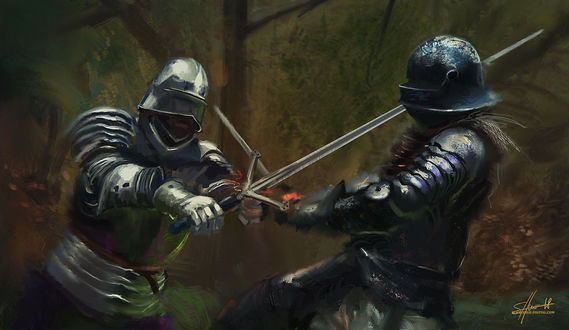 Обои на рабочий стол Бой средневековых рыцарей, digital art by Sebastien Hue