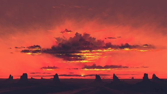 Обои на рабочий стол Пейзаж природы на фоне красного закатного неба, digital art by BisBiswas