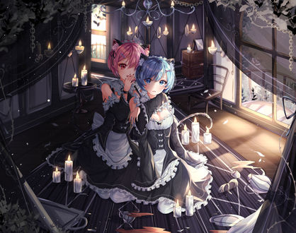Обои на рабочий стол Rem / Рем и Ram / Рам из аниме Re: Zero kara Hajimeru Isekai Seikatsu / Re: Жизнь с нуля в параллельном мире, by 2148_wine