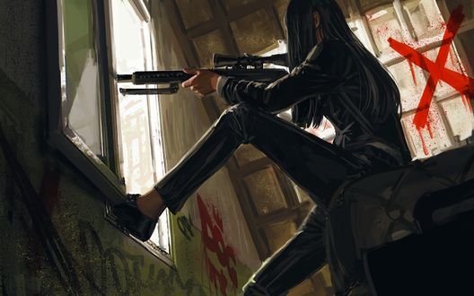 Обои на рабочий стол Девушка снайпер целится через окно, by GUWEIZ