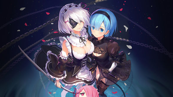 Обои на рабочий стол YoRHa тип A № 2 из игры NieR: Automata и Rem / Рем и Ram / Рам из аниме Re:Zero kara Hajimeru Isekai Seikatsu / Re:Zero. Жизнь с нуля в альтернативном мире