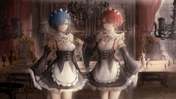 Обои на рабочий стол Rem / Рем и Ram / Рам из аниме Re:Zero kara Hajimeru Isekai Seikatsu / Re:Zero. Жизнь с нуля в альтернативном мире