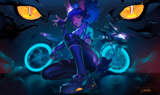Обои на рабочий стол Девушка-Ninja Byker / Ниндзя Байкер и тигр из игры League of Legends / Лига Легенд, by Kardie Art