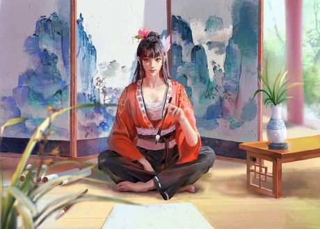 Обои на рабочий стол Азиатка в кимоно сидит на полу с кистью в руке, by Yel Li