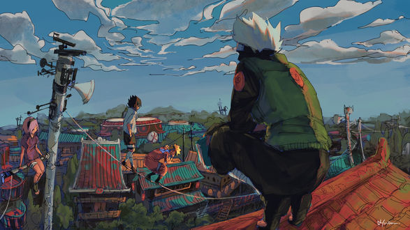 Обои на рабочий стол Какаши Хатаке / Kakashi Hatake персонаж из аниме Наруто / Naruto сидит на крыше дома, by huimuuu