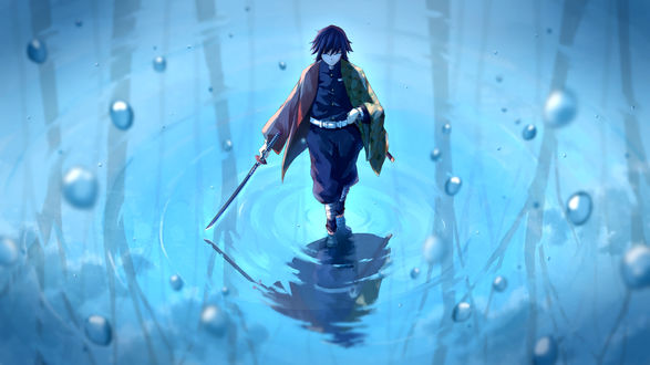 Обои на рабочий стол Giyuu Tomioka с катаной в руке идет по воде, персонаж из аниме Kimetsu no Yaiba / Клинок, рассекающий демонов
