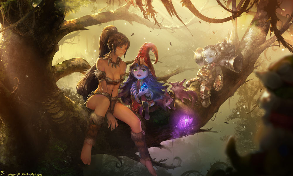 Обои для рабочего стола Yordle смотрит на Nidalee, Lulu и Tristana сидящих на ветви дерева, персонажи из ролевой видеоигры League of Legends / Лига легенд, art by Instant-ip