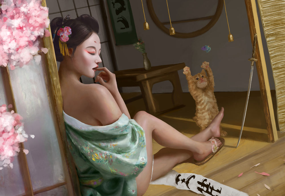 Обои для рабочего стола Гейша в зеленом кимоно сидит рядом с рыжим котом, by Wang Jia