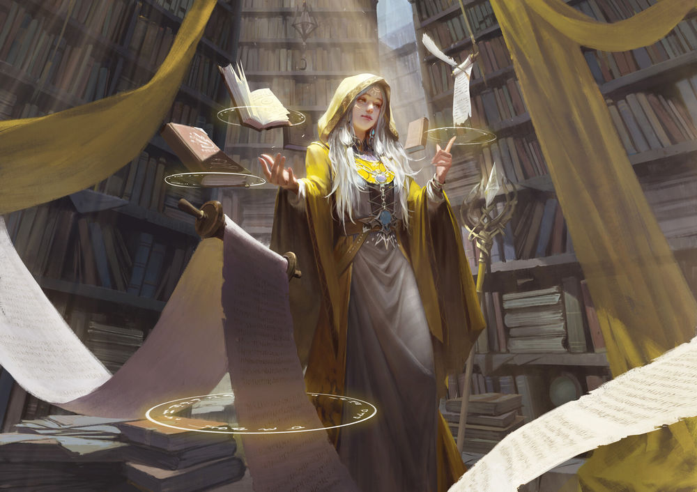 Обои для рабочего стола Девушка-маг занимается волшебством, стоя в библиотеке, by Rui Li