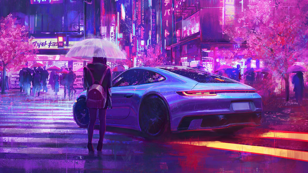 Обои для рабочего стола Девушка стоит под зонтиком возле Porsche на улице ночного города