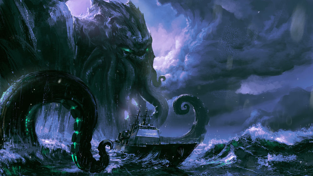 Обои для рабочего стола Морской монстр Cthulhu навис над кораблем, by Omer Burak Onal