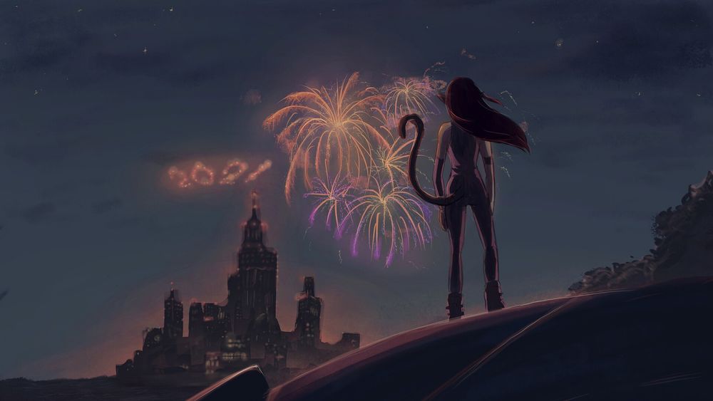 Обои для рабочего стола Девушка кошка смотрит на новогодний фейерверк в небе над городом, by Xuan Thao VO