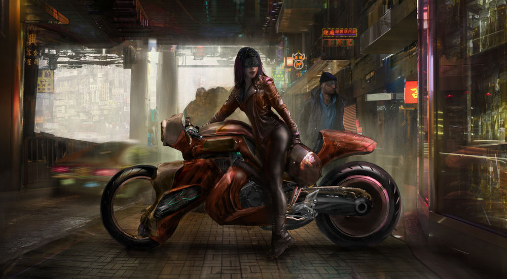 Обои для рабочего стола Девушка киборг сидит на мотоцикле, футуристической арт by Samson Castelino