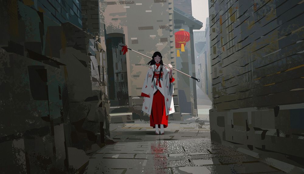 Обои для рабочего стола Девушка китаянка в национальном костюме идет по улице средневековья, by Yun Ling