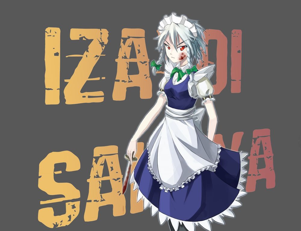 Обои для рабочего стола Sakuya Izayoi / Сакуя Изаеи с окровавленным ножом из серии компьютерных игр Touhou Project / Проект «Восток»
