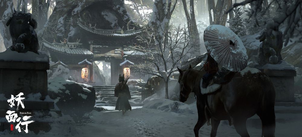Обои для рабочего стола Девушка-лучник идет к заснеженному храму в лесу, by Junling Wang