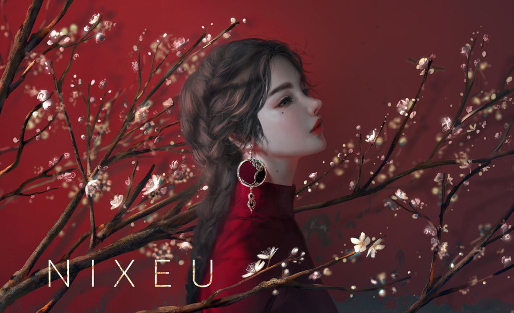 Обои для рабочего стола Портрет девушки на фоне цветущих цветов сакуры, by NIXEU