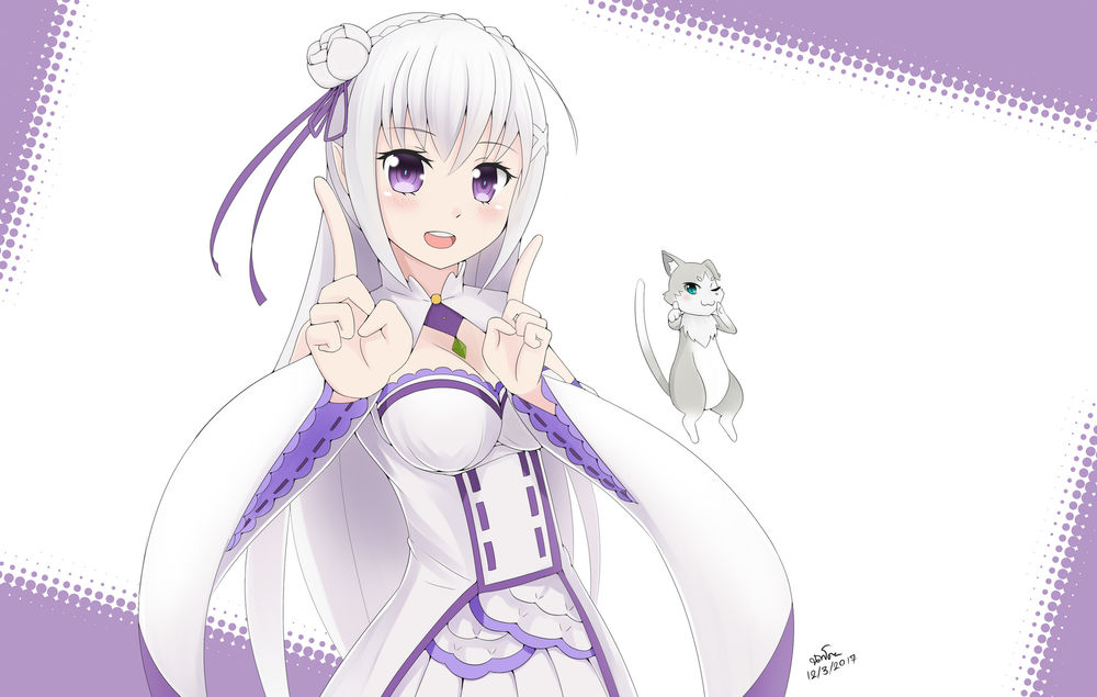 Обои для рабочего стола Emilia / Эмилия и и Puck / Пак из аниме Re:Zero kara Hajimeru Isekai Seikatsu / Re:Zero. Жизнь с нуля в альтернативном мир