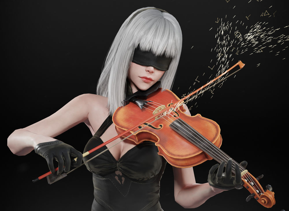 Обои для рабочего стола Вымышленный персонаж YoRHa №10 тип E играет на скрипке, арт к игре NieR: Automata, by Leo Varas