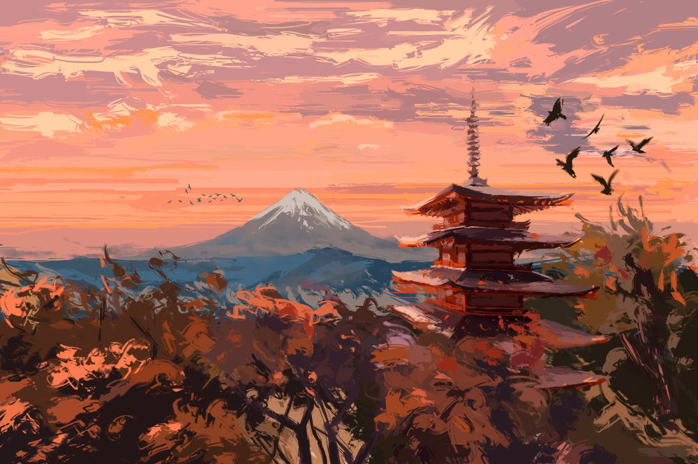 Обои для рабочего стола Вулкан Фудзияма и пагода, возвышающаяся над деревьями, by Fangpeii