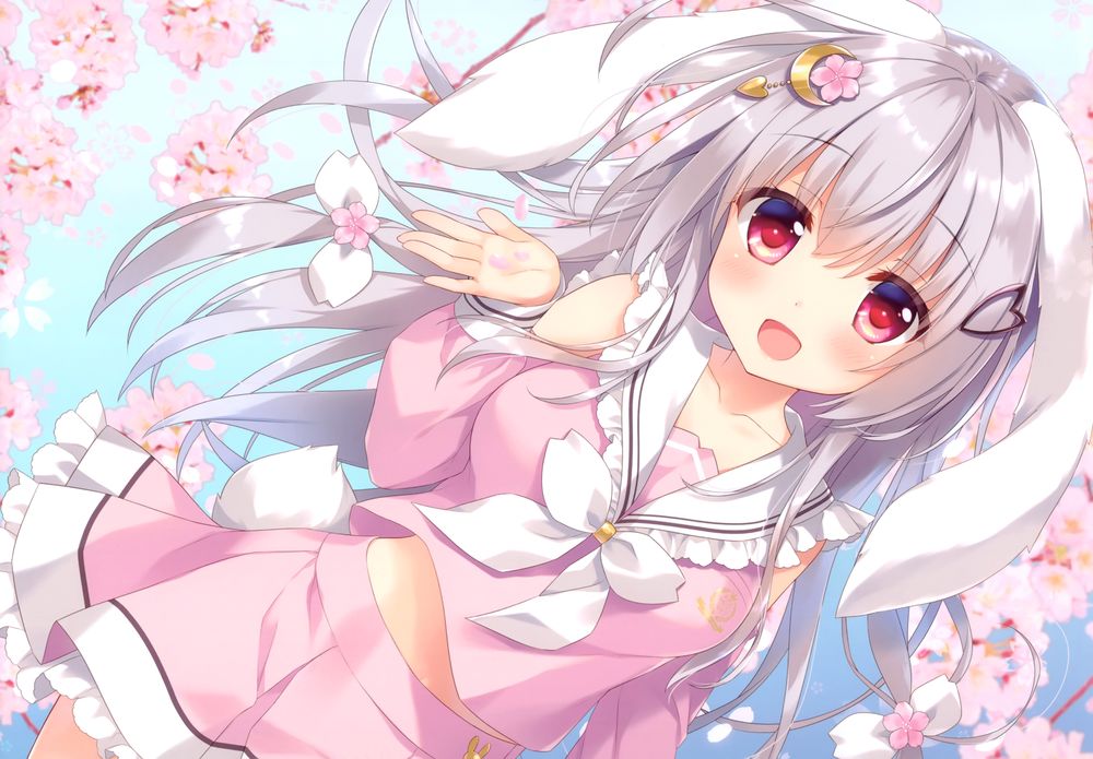 Обои для рабочего стола Девушка-кролик на фоне цветков сакуры, оригинальный персонаж by Ameto Yuki