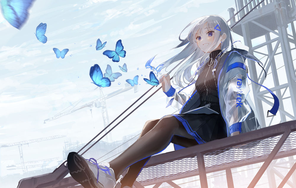 Обои для рабочего стола Девушка сидит на крыше здания на фоне строительных кранов, в руке она держит стилус из которого вылетают бабочки, оригинальный персонаж by Oyuyu