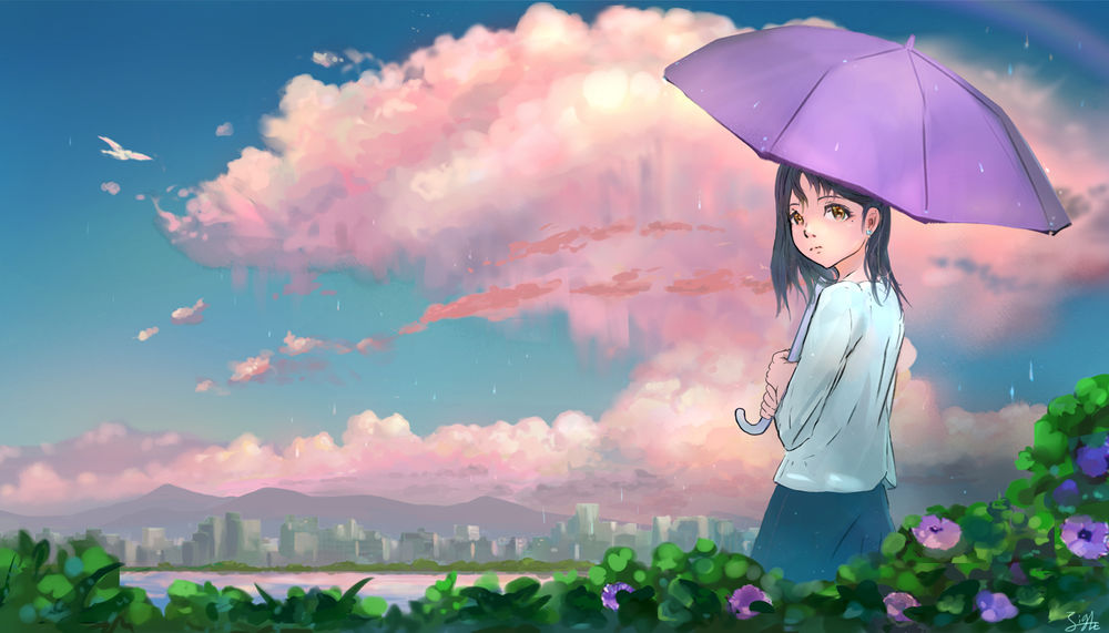 Обои для рабочего стола Девушка с сиреневым зонтом стоит рядом с цветущими кустами у водоема, на противоположном берегу город, by sînkong
