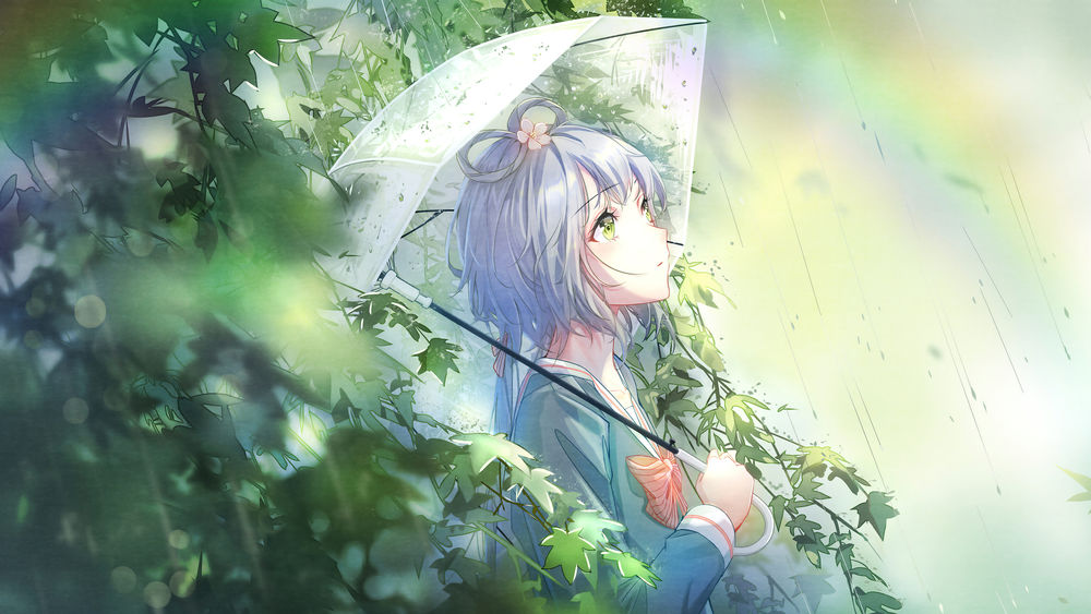 Обои для рабочего стола Vocaloid Luo Tianyi / Вокалоид Луо Тьянуй стоит с зонтиком в кимоно