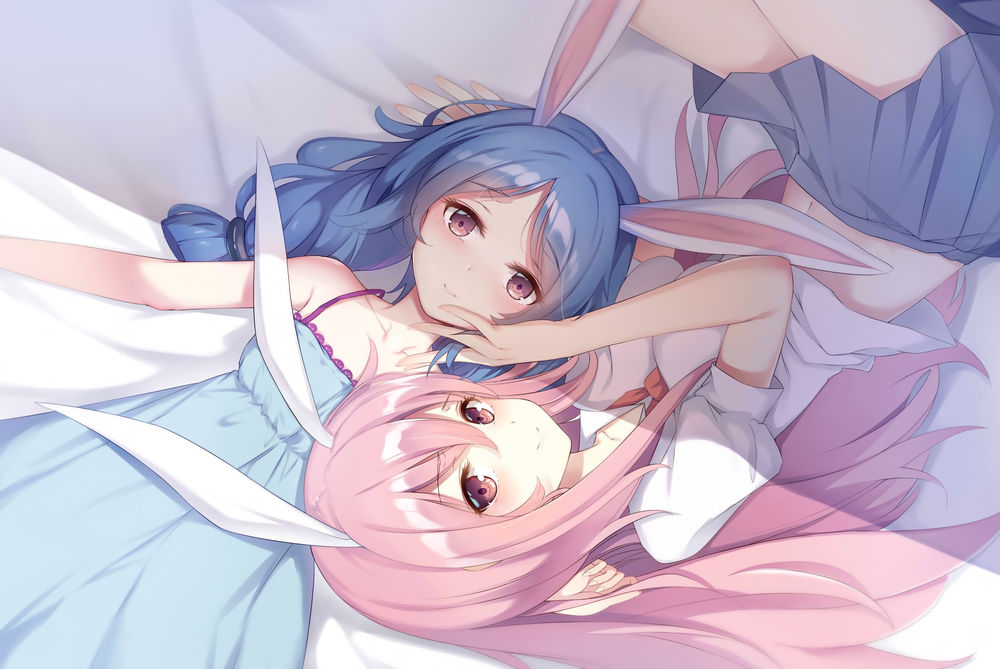 Обои для рабочего стола Seiran / Сэйран и Reisen Udongein Inaba / Рейзен Удонгейн Инаба лежат на кровати, персонажи из серии компьютерных игр Touhou Project / «Проект «Восток»», art by P-A-Cheng