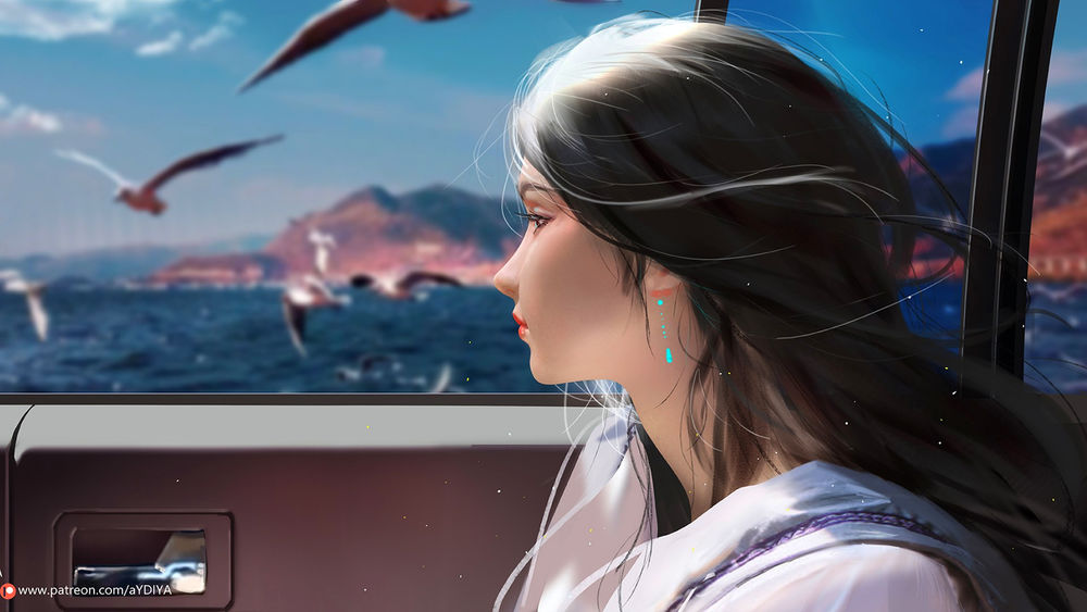Обои для рабочего стола Портрет девушки на фоне чаек летающих над морем, by YDIYA