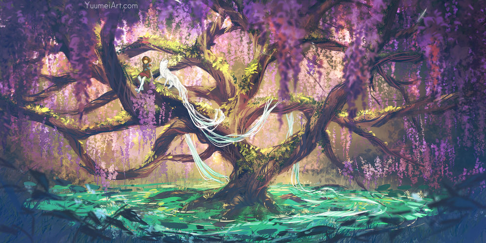Обои для рабочего стола Девушка с белой лисой сидят на ветке волшебного дерева, by Yuumei