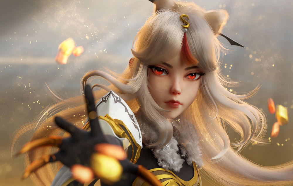 Обои для рабочего стола Девушка Ningguang / Нинггуанг из видеоигры Genshin Impact, by Cheryl Chen