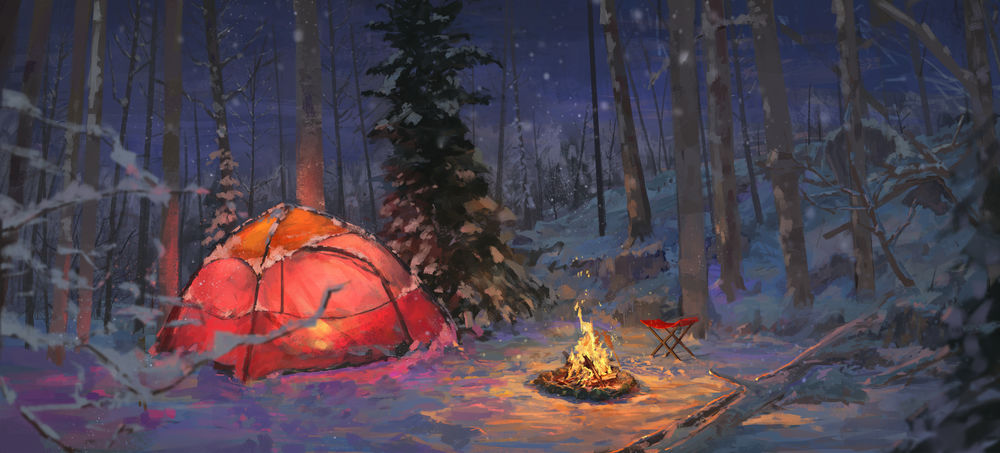 Обои для рабочего стола Палатка в ночном зимнем лесу возле костра, by XilmO