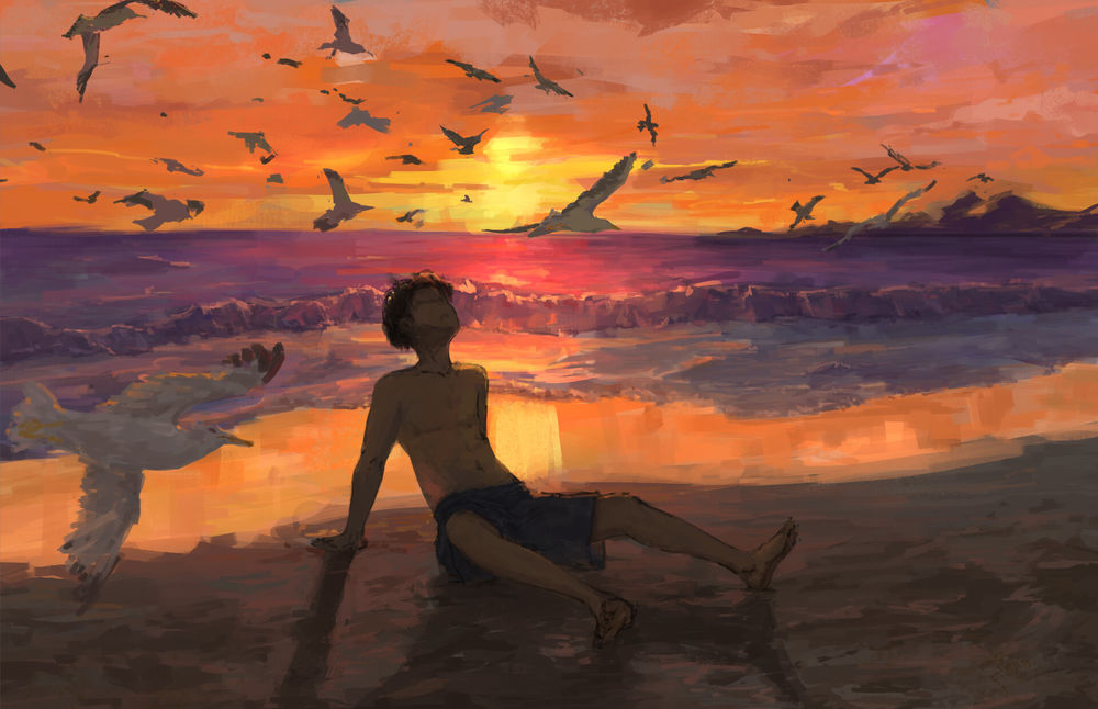Обои для рабочего стола Парень сидит на берегу моря на закате солнца, by Xilmo