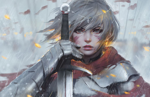 Обои на рабочий стол Девушка - воин с мечом под дождем, by GUWEIZ