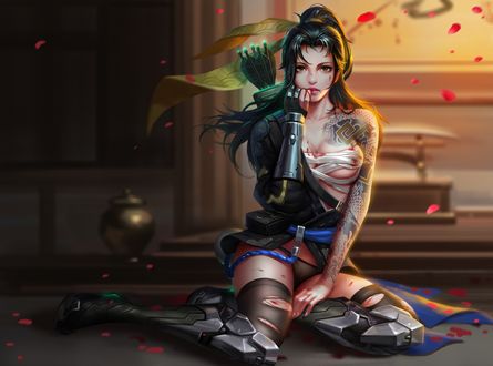 Обои на рабочий стол Хандзо Шимада / Hanzo Shimada из игры Overwatch / Дозор в женском образе, by Liang-Xing