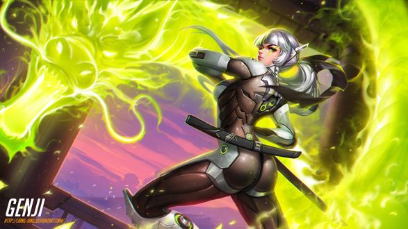Обои на рабочий стол Гэндзи Шимада / Genji Shimada из игры Overwatch / Дозор в женском образе, by Liang-Xing